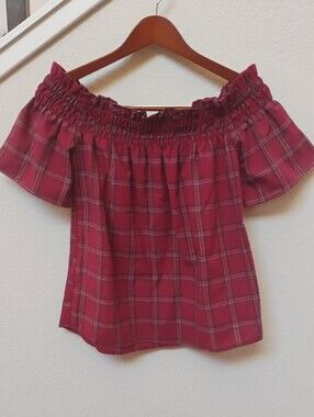 Socialite Red Plaid Off-Shoulder Blouse
